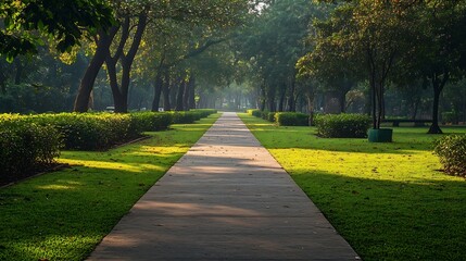 Poster - Empty park walkway lawn in Ramna Dhaka Bangladesh Nature forest Road concrete empty path : Generative AI