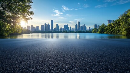 Poster - Asphalt road platform and lake with city skyline background : Generative AI