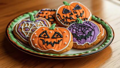 Halloween Pumpkin and Bat Decorated Cookies on a Plate