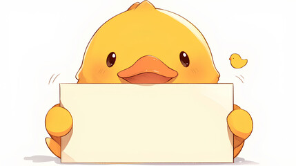 cute duck holding up a blank sign, colorful cartoon character, empty banner,, anime style, cute kawaii, simple, smiling happy. isolated background