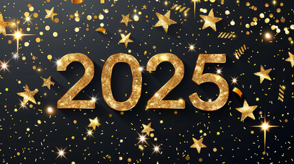 Poster - Shiny gold numbers for the year 2025 with golden confetti and stars against a black backdrop