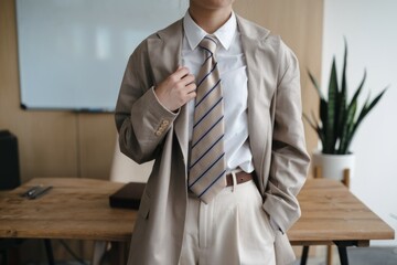 Man adjusting tie. A man in a beige blazer adjusts his striped tie, exuding confidence and professionalism.