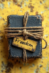 Poster - A set of keys to a jail cell with a fading Freedom tag, isolated on a pastel yellow background,