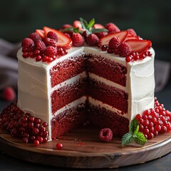 Wall Mural - A photo showing a whole cake, red layers, white frosting between layers