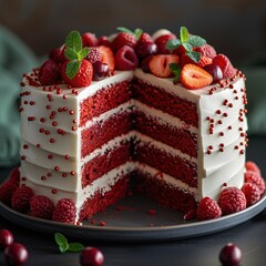 Wall Mural - A photo showing a whole cake, red layers, white frosting between layers