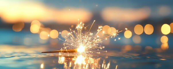 A close-up of a sparkling firework on water, creating a magical atmosphere with shimmering reflections at dusk.