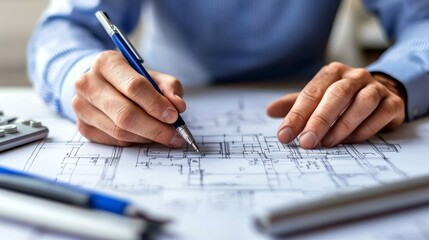 architect drawing a blueprint on a desk