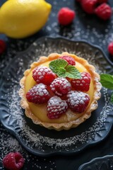 Wall Mural - Raspberry on top of lemon curd tartlet, dusted with dusting sugar