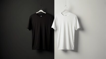 An image of two white walls with a black blank t-shirt hanging on them, ready for your design to be placed on them. Generative Ai 