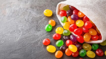 Bag of colorful jellybeans spilling onto a counter, Sweet candy, Jellybean collection