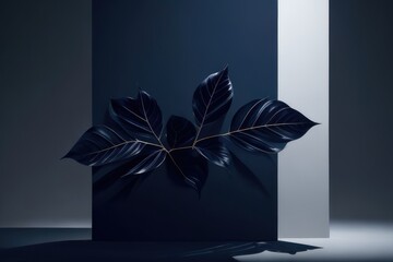 Poster - Blue and white podium with leaves for the product mockup