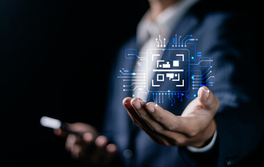 QR code scan for website or mobile application customer support, digital payment. Mobile technology for bank business and Investment. Businessman showing QR code icon on virtual screen.