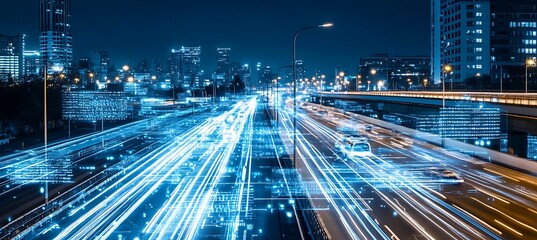 Poster - A futuristic city where AI controls transportation and vibrant holographic screens.
