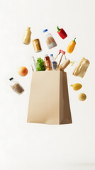 Vegetables and fruits groseries flying out the brown paper bag isolated on white background