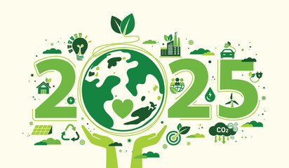 2025 new year, eco friendly, sustainability planning concept with globe and world environmental gree