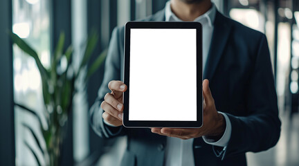 png. A businessman holds a mockup. iPad digital tablet with blank screen Mockup replaces your design mockup in the office. transparent screen. png