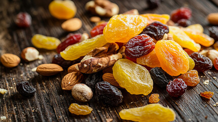 Wall Mural - A close-up of dried tropical fruits, such as mango and pineapple, mixed with various nuts like almonds and cashews, along with raisins, spread out on an old wooden table. 