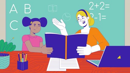 Poster - Woman teacher reading book with little student cartoon animation. Primary school lesson 4K video 2D motion graphic. Tutor with schoolgirl in classroom animated characters on interior background