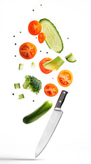 Dynamic composition with kitchen knife and halves of assorted vegetables isolated on white background