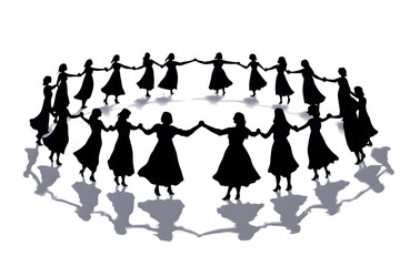 Canvas Print - Black silhouettes of people holding hands in a round dance paper cut illustration on a white background