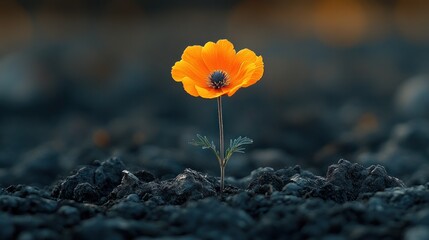 Wall Mural - A Single Poppy Flower Emerging From The Dark Soil