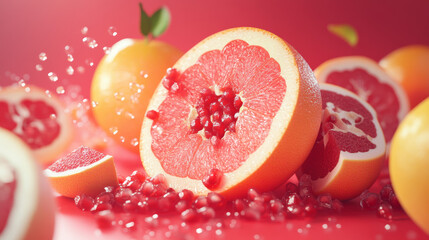 A vibrant display of juicy fruits on a red background, including a sliced grapefruit, an orange, a pomegranate, and a sweet citrus fruit (such as a pomelo). The vivid red backdrop highlights the fresh