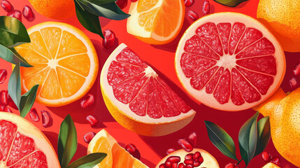 Wall Mural - A vibrant display of juicy fruits on a red background, including a sliced grapefruit, an orange, a pomegranate, and a sweet citrus fruit (such as a pomelo). The vivid red backdrop highlights the fresh