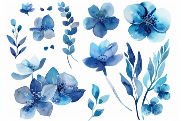 Wall Mural - Blue Watercolor Floral Design. Set of Beautiful Watercolor Florals Branch in Cute Cartoon Style