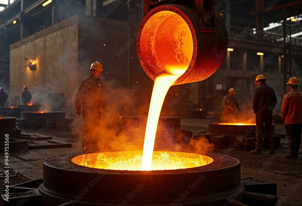Molten steel is poured from a ladle into a mold, creating dramatic ...