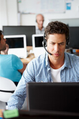 Poster - Call center, businessman and discussion with headset in office for client sales, consulting and support. Male agent, work and technology with idea for inbound, b2c telemarketing and customer service
