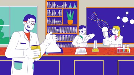 Poster - Happy chemistry teacher showing experiment to children cartoon animation. School education 4K video 2D motion graphic. Students learning science with tutor animated characters on interior background