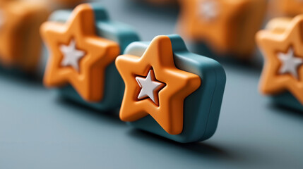 Close-up of orange star-shaped objects with a white star inset in the center, arranged in rows on a blue surface.