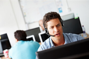 Poster - Call center, technical support and man in office with headset for online consultation with omnichannel crm. Advisor, tech and customer service agent with inbound communication, network or contact.