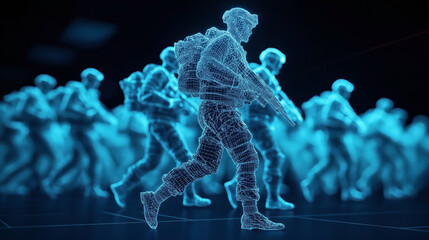 Poster - Digital wireframe representation of soldiers carrying rifles and backpacks, in motion, with a blue glowing effect