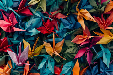 Wall Mural - Bunches of colorful Origami paper crane birds full frame


