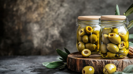 Two Jars: One Filled with Green Olives and the Other Empty, Showcasing a Simple and Classic Presentation of Mediterranean Cuisine Essentials. 