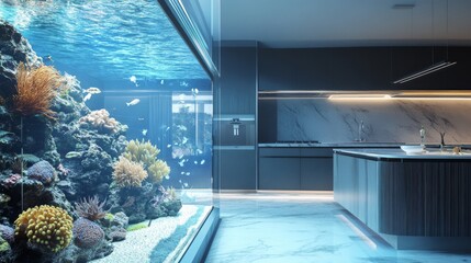 Sticker - A large aquarium in the kitchen, with a white marble floor and walls, a modern interior design