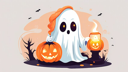 ghost in an orange hat with a jack-o'-lantern in one hand and a carved pumpkin in the other