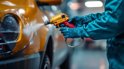 A man is washing a car with a spray gun