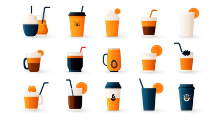 Canvas Print - A collection of illustrations showcasing various beverages, including coffee, juice, smoothies, and milkshakes in different cups and glasses.