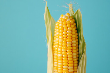 Wall Mural - A fresh ear of corn with husks against a light blue background.