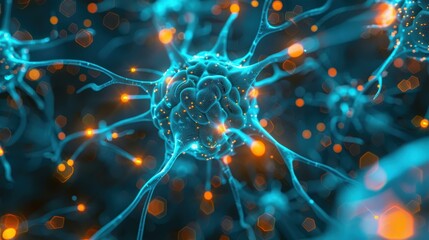 Poster - Abstract Neuron Cell 3D Illustration - Blue and Orange