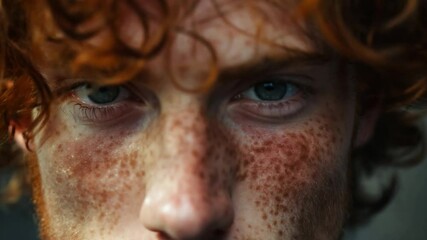 Wall Mural - A young man with freckles and curly red hair standing confidently against an urban backdrop, celebrating individuality