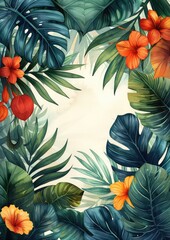 Sticker - Tropical leaves frame background with white space in the center for text, white background, watercolor illustration style