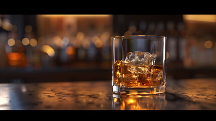 A glass of whiskey sits on a bar counter