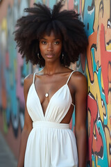 Wall Mural - young black woman fashion model posing in front of graffiti wall