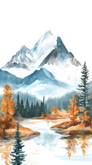 Wall Mural - Mountain landscape in fall season watercolor illustration