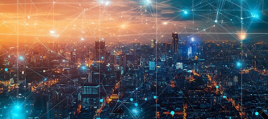 Poster - A futuristic city with seamlessly interconnected smart systems and digital displays.
