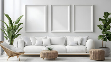 Empty picture frames on a white wall in modern living room with a modern sofa. Home staging concept mock up