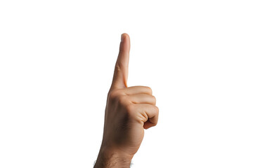 male hand with index finger pointing up. white background.